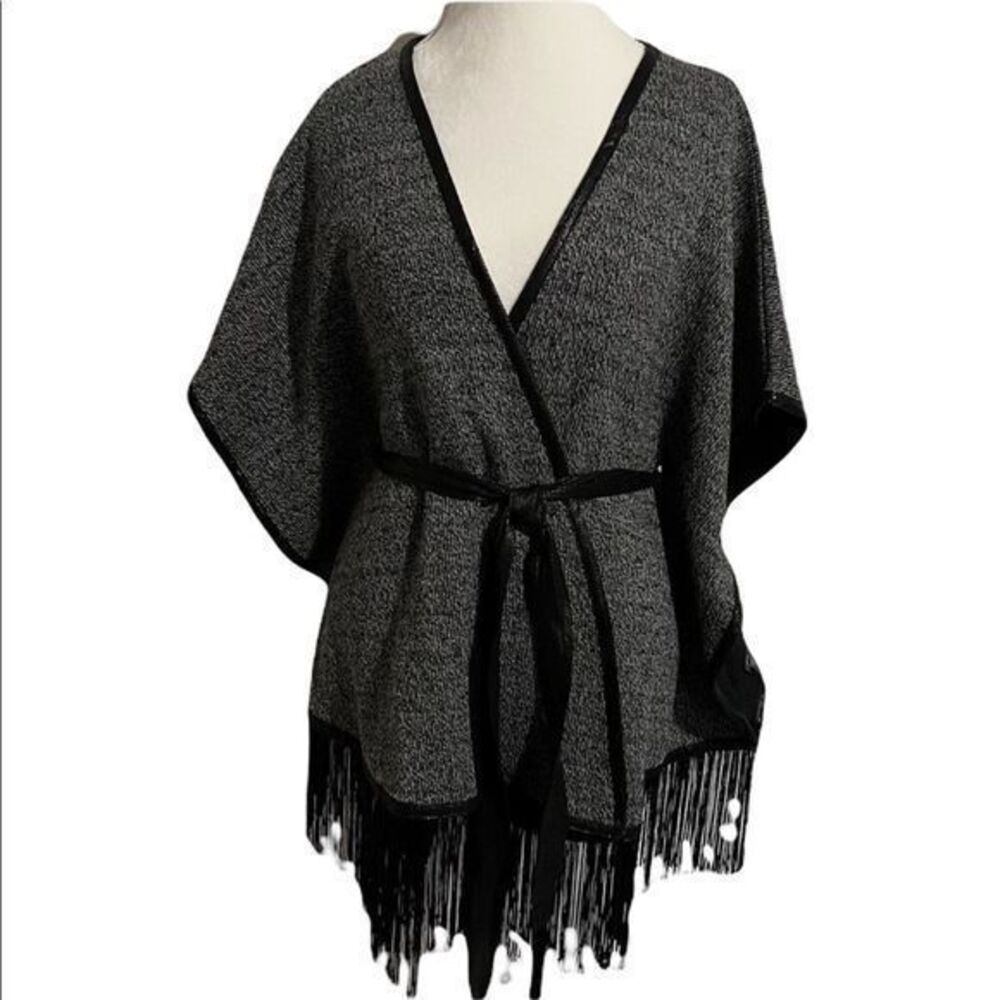Double Zero Fringed Wrap Sweater Coat Faux Leather Trim & Belt Boho Gypsy Chic M